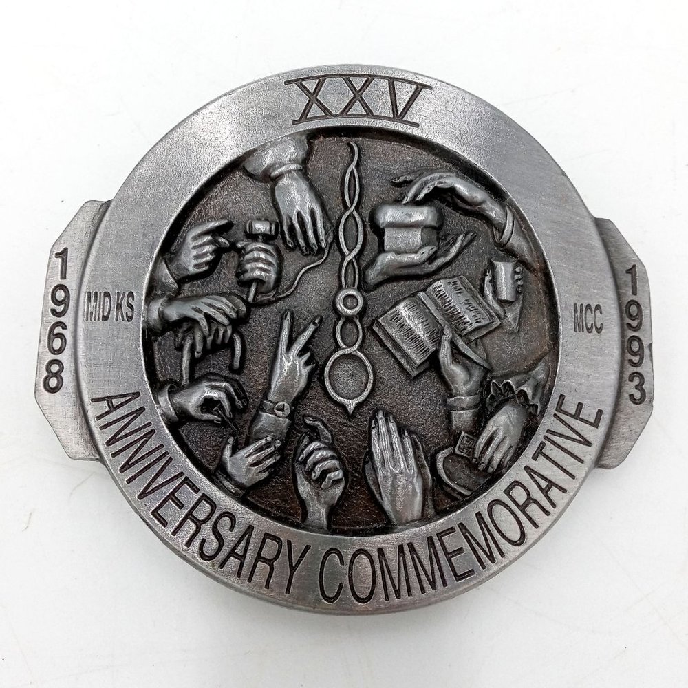 Many Hands Belt Buckle Mennonite Auction 1993 Mid Kansas Relief 25th Anniversary